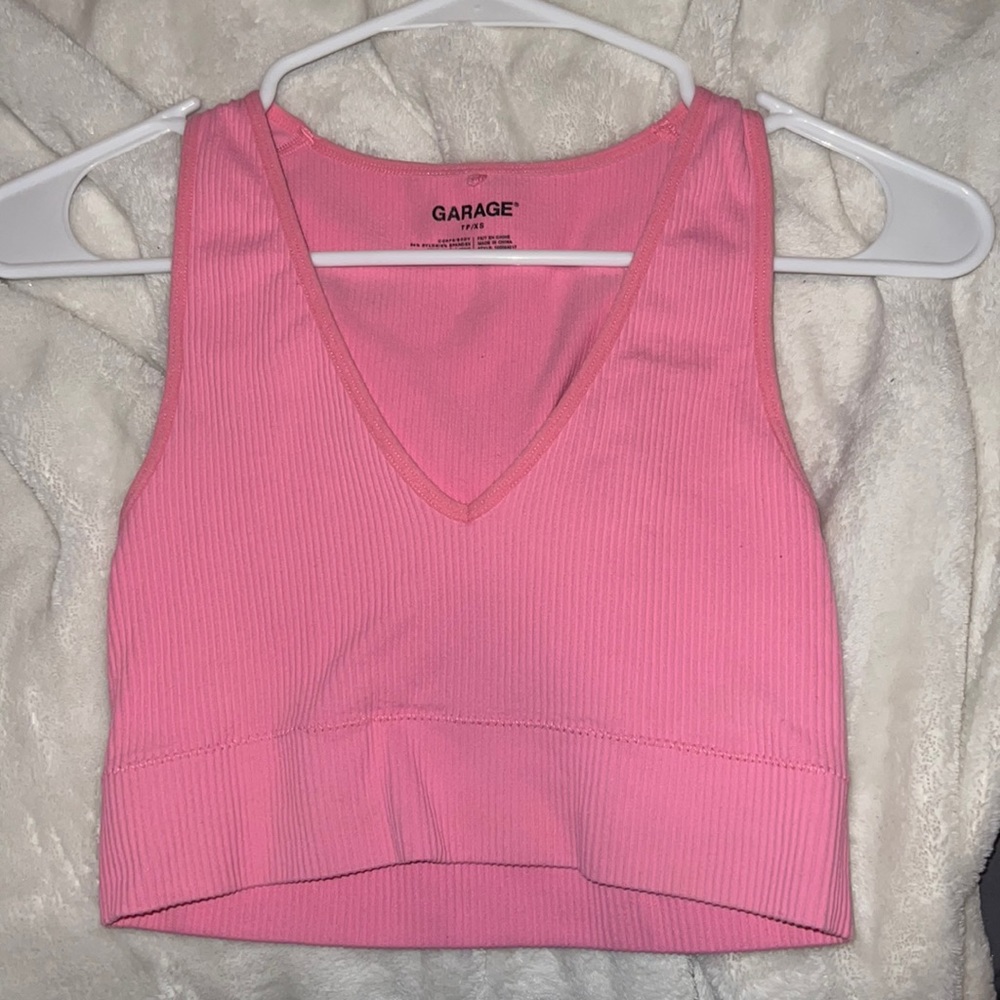 Pink cropped stella plunge garage tank top